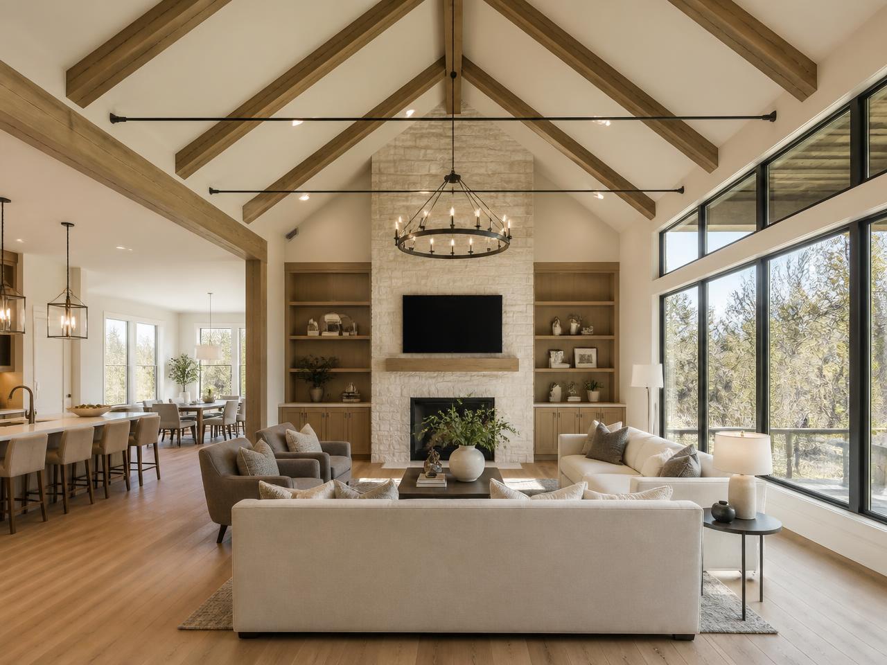 Luxury custom home great room interior with vaulted beamed ceiling